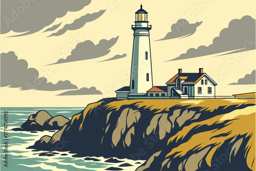 Lighthouse on rocky bluffs overlooking Monterey Bay, California.