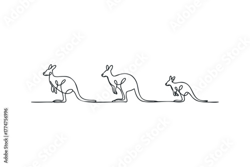 Three kangaroos drawn with a single continuous line