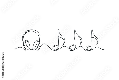 Headphones and Musical Notes in Single Line Form