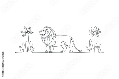 One line drawing of a majestic lion standing in a field with abstract flowers