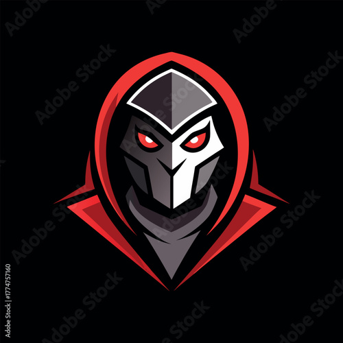 Masked Assassin Face with Glitch Effects Glowing Logo Vector