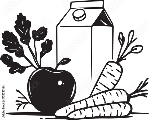 Healthy food silhouette set — black and white illustration of leafy greens, carrots, apple, and carton for nutrition themes