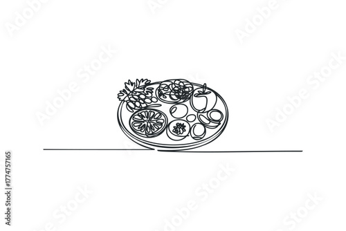 One line drawing of a platter with fresh fruit and vegetables