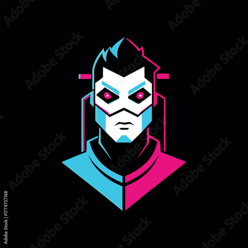 Masked Hero Face with Digital Glitch Effects Logo Vector