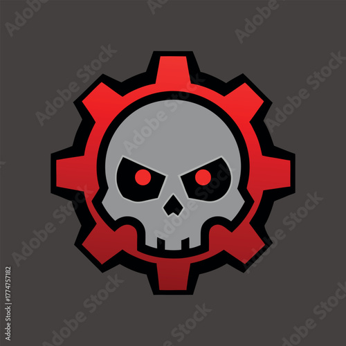 Metal Skull with Gear Textures and Neon Edges Logo Vector