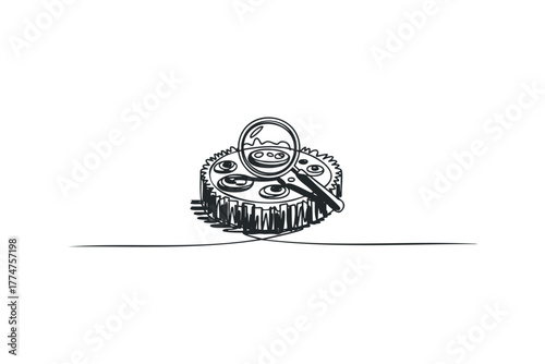 Magnifying glass over cogwheel with circular depressions