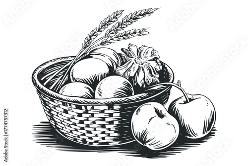 Woven basket overflowing with ripe fruit and wheat stalks
