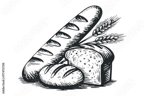 Black and white drawing of assorted bread loaves and wheat stalks