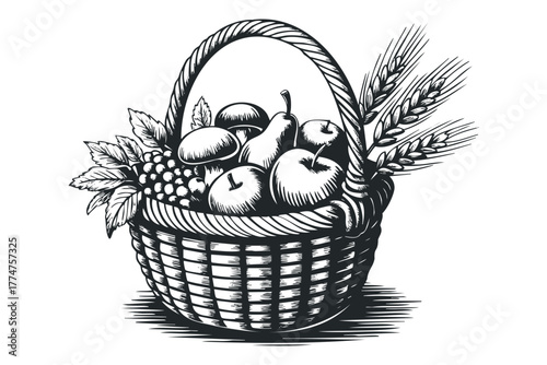 Woven basket filled with apples, pears, grapes, and mushrooms