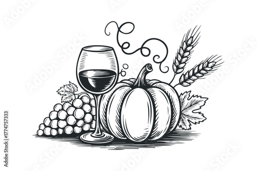 Harvest still life with wine glass pumpkin grapes and wheat