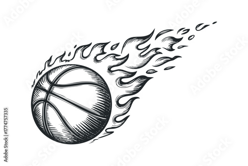 Basketball in motion with stylized flames and motion streaks