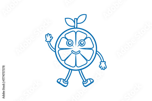 Playful orange outline character walking happily with arms raised on a white background