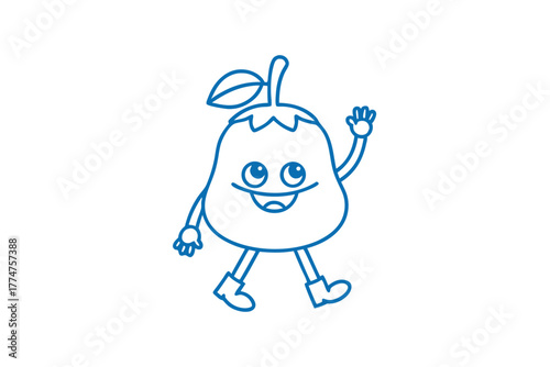 Line art showcases a friendly pear fruit character walking and waving with glee