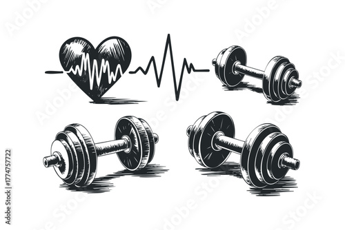 Heartbeat line connected to weight lifting dumbbells