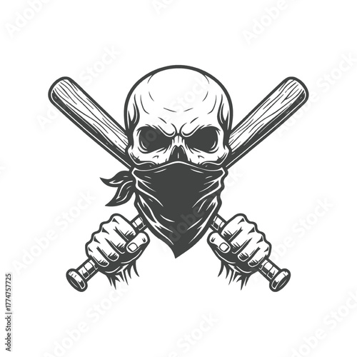 Rebellious Skull with Crossed Baseball Bats Emblem Design Illustration
