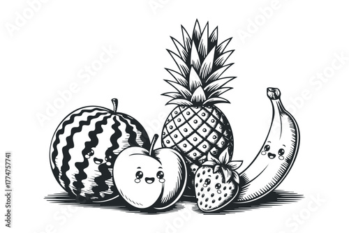 Happy fruits group with faces on white