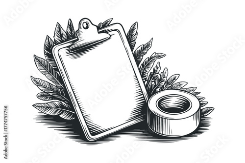 Clipboard with laurel wreath and spool of thread