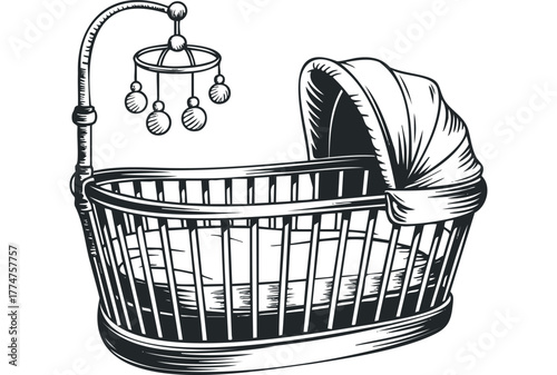 Vintage Baby Bassinet With Toy Mobile Detailed Line Art
