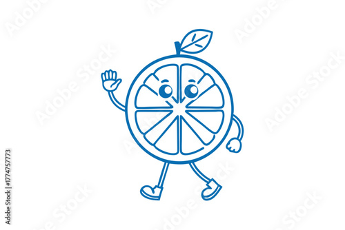 Cute citrus slice cartoon is happily walking and waving in a simple line drawing