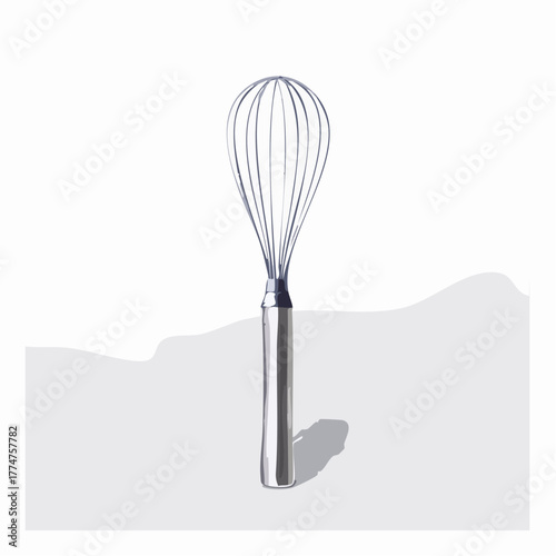 Stainless steel whisk isolated on white background with soft shadows