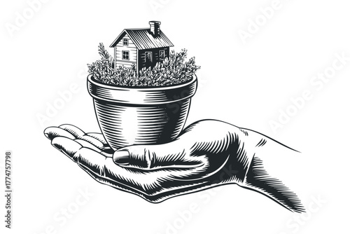 Hand holding potted house surrounded by foliage
