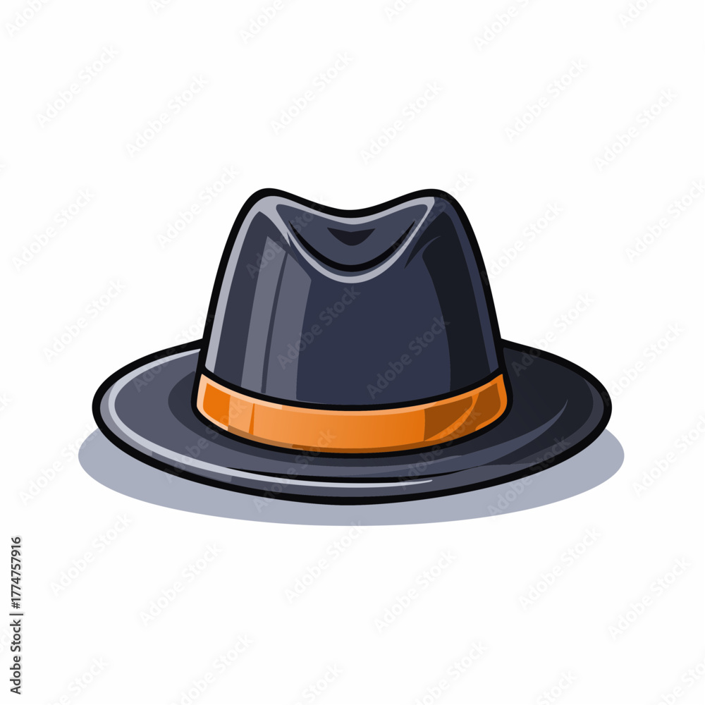 Fototapeta premium Stylish fedora hat illustration with orange band and shadow on white background