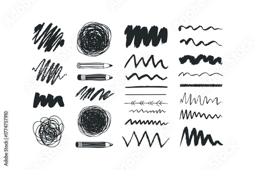 Collection of Hand Drawn Black Scribbles and Pencil Strokes