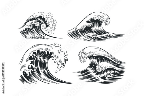 Set of four stylized ocean wave graphics