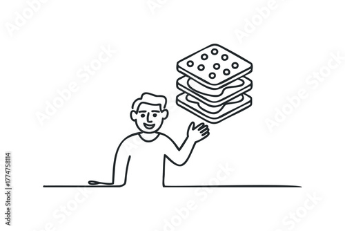 Smiling man presents stack of layered sandwiches