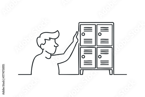 Line art man opening a locker