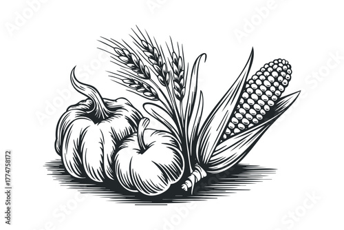 Harvest bounty featuring pumpkins, corn, and wheat