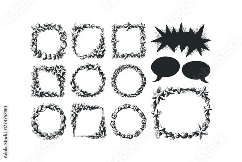 Black and white floral and star elements for framing and speech bubbles