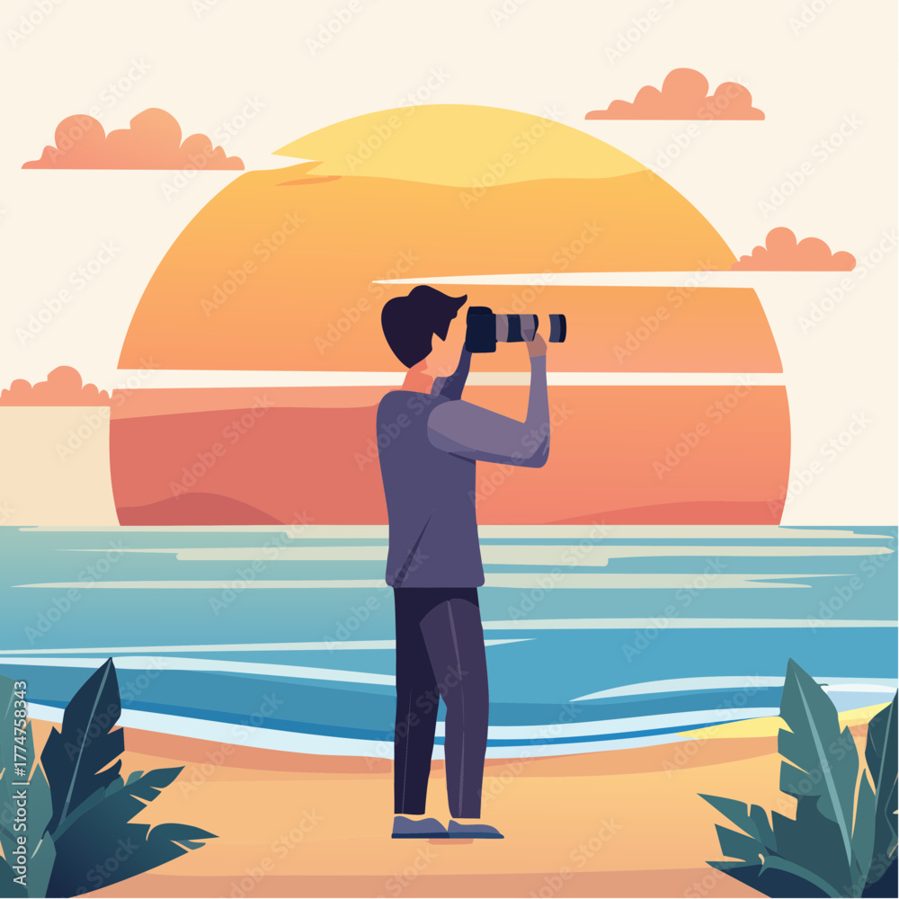 Obraz premium Man with telescope on beach at sunset, vector illustration.