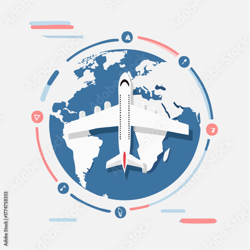 Flat design illustration of a white airplane flying over a blue globe, symbolizing global travel, logistics, and international connections.