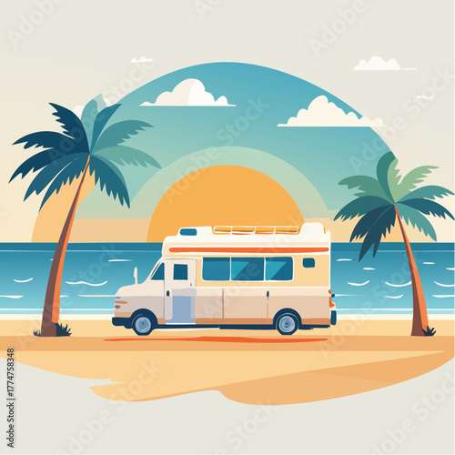 A recreational vehicle parked on a tropical sandy beach during a beautiful sunset.