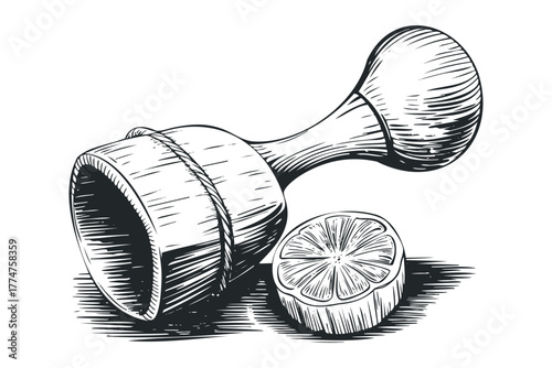 Wooden muddler and citrus slice with engraved texture