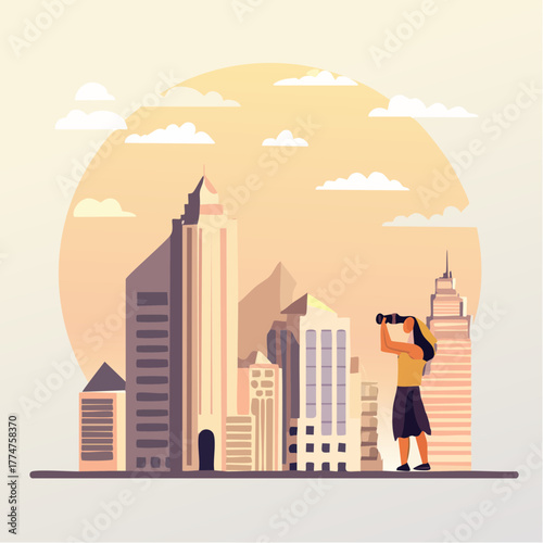 A woman with binoculars looks out over a cityscape at sunset, symbolizing vision and future planning.