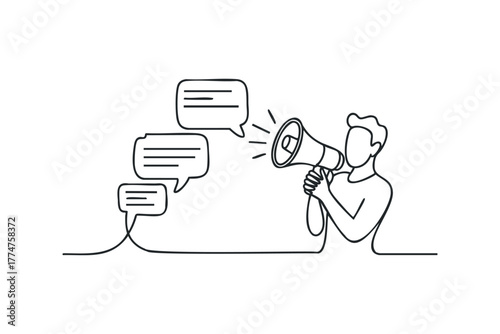 Person with megaphone broadcasting messages in speech bubbles