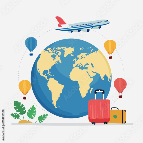 An illustration of global travel with an airplane circling the earth, hot air balloons, and luggage.