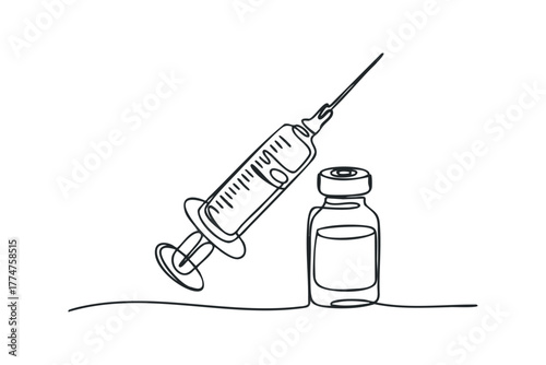One continuous line drawing of medical syringe and vaccine vial