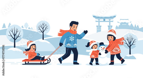 Joyful winter family scene illustration featuring sledding, snowman building, and snowy landscapes, suitable for holiday cards and winter themed designs.