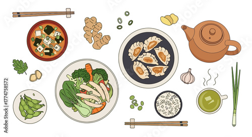 Delicious Asian Cuisine Illustration Featuring Miso Soup, Dumplings, Vegetables, Green Tea, and Edamame for Restaurant Menu and Healthy Eating Concepts