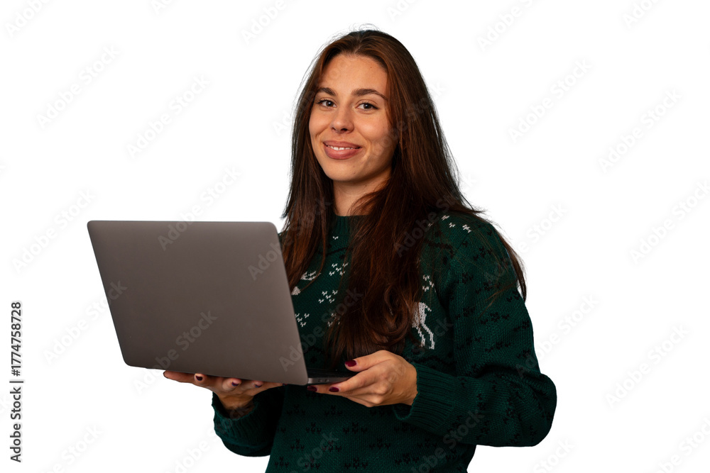 Naklejka premium Young woman wearing christmas sweater holding laptop, smiling, celebrating holiday season, working remotely, transparent background