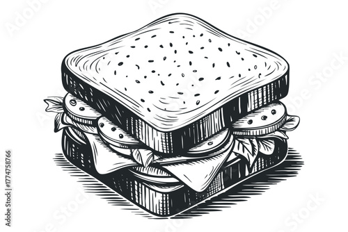 Hand Drawn Sandwich with Toasted Bread and Ingredients