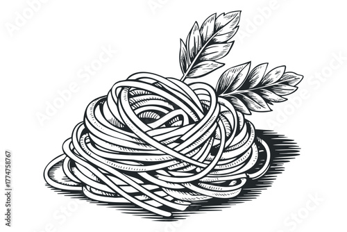 Nest of spaghetti pasta with garnish