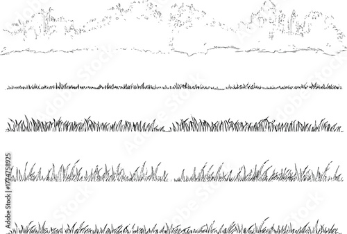 set of forest line cad, minimal isolated on white background. Ground cover. Illustration for elevation architectural element, side view, grass section. Turf coating banners for edging. 
