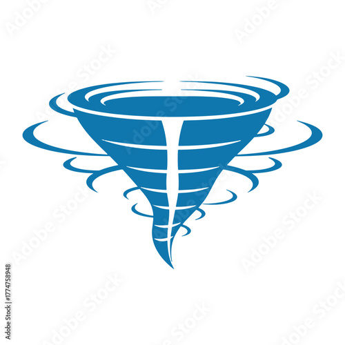 Blue tornado vortex with swirling wind elements on white background storm weather