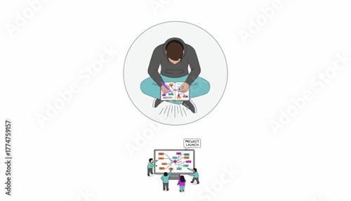 Dual Concept Illustration: Individual Strategy Planning Evolving into Collaborative Team Execution and Project Launch Workflow Diagram