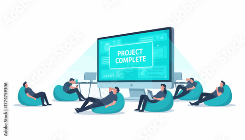 Modern Team Relaxation: Project Complete Success Displayed on Screen as Workers Celebrate Achievement in Casual Office Environment.