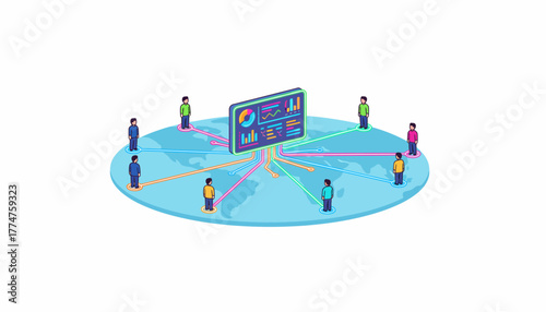 Decentralized Global Teamwork and Data Analytics Network. Isometric illustration of worldwide collaboration and communication.
